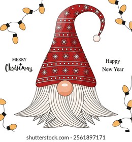 Scandinavian Gnome isolated white background. Christmas greeting poster cover template with Scandinavian Gnome and typography text. Holiday flat vector illustration. EPS 10