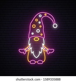 Scandinavian gnome neon sign. Christmas illustration in neon style. Happy New Year Design.