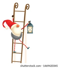 Scandinavian gnome on ladders with lantern - isolated on white background