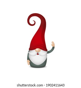 Scandinavian gnome with red hats and green clothes keep your hand up and wave, cute nordic tomte, stock vector illustration character clipart isolated on white background, design element