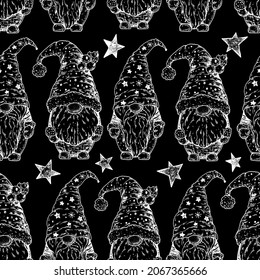 Scandinavian gnome sketch illustration. Seamless pattern. Vintage background. Engraved style. Hand drawn vector illustration. Christmas design element.