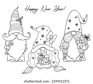 Scandinavian gnomes. New Years gnomes with gifts, caramel stick and Happy gnome girl with box. Vector illustration. Linear hand drawing, outline. Isolated Christmas characters gnomes 