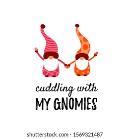 Scandinavian Gnomes. Nordic Fantastic Characters.  Cuddling with my gnomies. Colorful Cartoon flat design. 