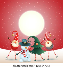 Scandinavian gnomes and snowman celebrate New year in front of magical moon - red snowy background