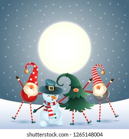 Scandinavian gnomes and snowman celebrate New year in front of magical moon - dark blue snowy background