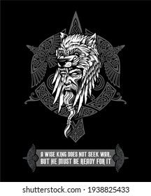 scandinavian god with wolf and wings crown on head. Viking warrior Odin on a runic shield with ornament and text quote.Vector illustration for prints, T-shirts, sketchbook 