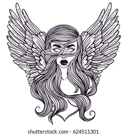 Scandinavian goddess. Valkyrie with wings. Zombie or vampire Girl Line Art. Hand drawn vector illustration. Cartoon style. Could be used as design for coloring book or as part of Halloween decor.