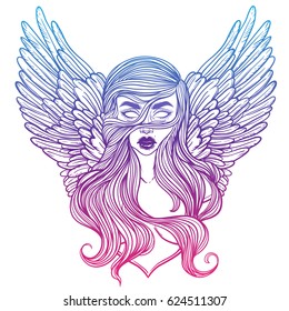 Scandinavian goddess. Valkyrie with wings. Zombie or vampire Girl Line Art. Hand drawn vector illustration. Cartoon style. Could be used as design for coloring book or as part of Halloween decor.