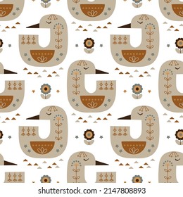 Scandinavian Goose and Duck with Floral Ornament Seamless Pattern. Earth Tone Background with Birds and Flowers. Nordic Traditional Cute ornament. Scandi style. Folk Art Design Vector illustration 