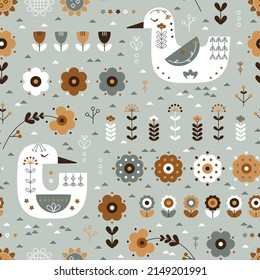 Scandinavian Goose and Duck with Floral Ornament Seamless Pattern. Earth Tone Background with Birds and Flowers. Nordic Traditional Cute ornament. Scandi style. Folk Art Design Vector illustration. 