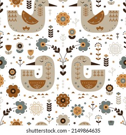 Scandinavian Goose and Duck with Floral Ornament Seamless Pattern. Earth Tone Background with Birds and Flowers. Nordic Traditional Cute ornament. Scandi style. Folk Art Design Vector illustration. 