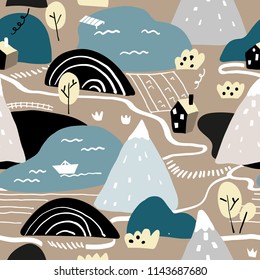 Scandinavian graphic illustration seamless pattern with house,trees and mountains. Hand drawn vector texture for kids