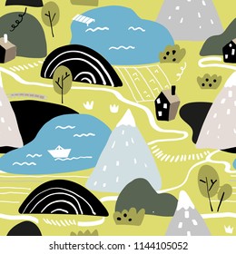 Scandinavian graphic illustration seamless pattern with house,trees and mountains. Hand drawn vector texture for kids
