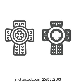 Scandinavian grave cross line and solid icon, memorial saint Patrick day concept. Vector graphics. Cross with clover leaf sign on white background, outline style icon for mobile or web design