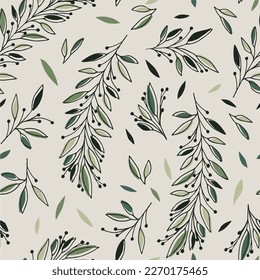 Scandinavian green seamless doodle pattern with vintage leaves sketch. For wrapping paper. Ideal for wallpaper, surface textures, textiles.