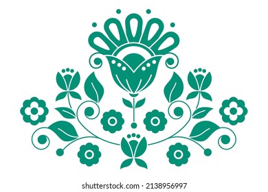 Scandinavian green spring folk art vector design inspired by traditional embroidery patterns from Sweden, retro decoration with flowers, swirls and leaves motif. Nordic and Scandi style greeting card 