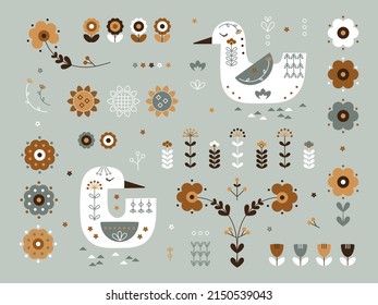 Scandinavian Greeting Card with Goose, Duck, Floral Ornament. Set of Earth Tone Birds and Flowers. Folk Art Design. Nordic Traditional Cute ornament. Scandi style. Vector illustration.