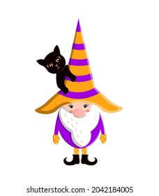 Scandinavian halloween gnome in witch hat with black cat. Vector flat illustration
