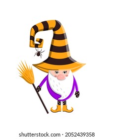 Scandinavian halloween gnome in witch hat with broom. Cute holiday print. Vector flat illustration