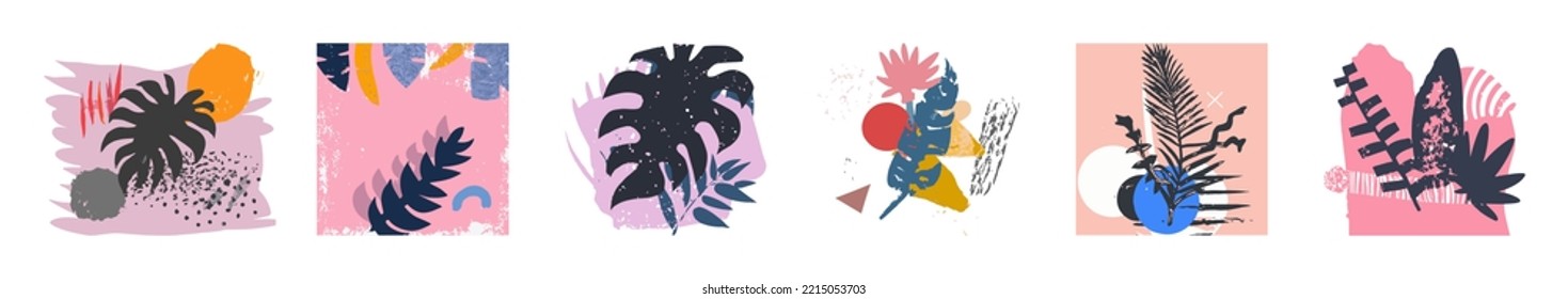 Scandinavian hand drawn artwork. Modern vector illustration with tropical leaves, grunge, marble, terrazzo floor textures, doodles and minimal elements.