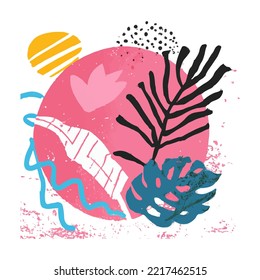 Scandinavian hand drawn artwork. Modern vector illustration with tropical leaves, grunge, marble, terrazzo floor textures, doodles and minimal elements.