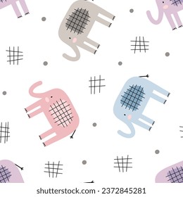 Scandinavian hand drawn elephant with polka dot background, colorful safari animals seamless pattern for kids textile, fabric