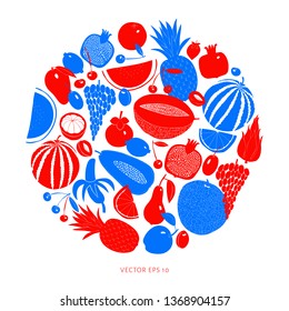 Scandinavian hand drawn fruit design template. Vector illustrations. Fruits background. Linocut style. Healthy food.