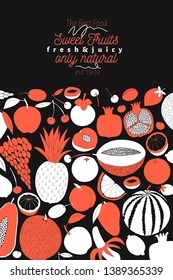 Scandinavian hand drawn fruit design template. Vector illustrations on dark background. Fruits background. Linocut style. Healthy food.