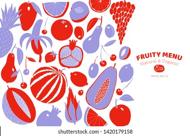 Scandinavian Hand Drawn Fruit Design Template. Monochrome Graphic. Fruits Background. Linocut Style. Healthy Food. Vector Illustration