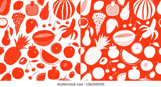 Scandinavian hand drawn fruit vector seamless pattern. Monochrome graphic. Fruits background. Linocut style illustrations. Healthy food.