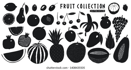 Scandinavian Hand Drawn Fruits. Vector Illustrations On Dark Background. Fruits Background. Linocut Style. Healthy Food.