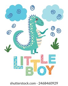 Scandinavian hand drawn illustration with dinosaur, dragon. Children's poster, poster, pajamas.