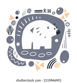 Scandinavian hand drawn pattern. Poster and card. Cute art decorative animal bear and forest elements. Vector illustration.