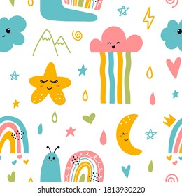 Scandinavian hand drawn seamless pattern with moon sun rainbow on white background. Childish vector illustration