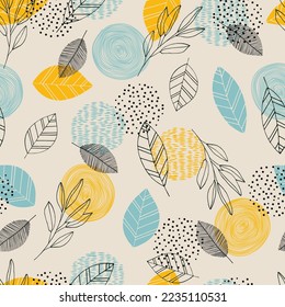 Scandinavian hand drawn seamless pattern with leaves and dots. Minimalistic nordic style. Vector illustration. Cute botanical elements. Great for textile, decor and printed products.