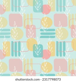 Scandinavian hand drawn seamless pattern with leaves and flowers. Minimalistic nordic style. Vector illustration. Cute botanical elements. Great for textile, decor and printed products.