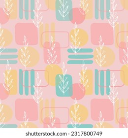 Scandinavian hand drawn seamless pattern with leaves and flowers. Minimalistic nordic style. Vector illustration. Cute botanical elements. Great for textile, decor and printed products.