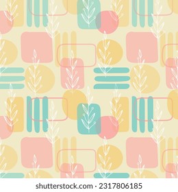 Scandinavian hand drawn seamless pattern with leaves and flowers. Minimalistic nordic style. Vector illustration. Cute botanical elements. Great for textile, decor and printed products.