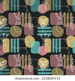 Patrón escandinavo sin fisuras con hojas y flores. Estilo nórdico minimalista. Ilustración vectorial. Elementos botánicos de corte. Ideal para los textiles, la decoración y los productos impresos.
