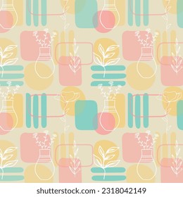 Scandinavian hand drawn seamless pattern with leaves and flowers. Minimalistic nordic style. Vector illustration. Cute botanical elements. Great for textile, decor and printed products.