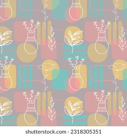 Scandinavian hand drawn seamless pattern with leaves and flowers. Minimalistic nordic style. Vector illustration. Cute botanical elements. Great for textile, decor and printed products.