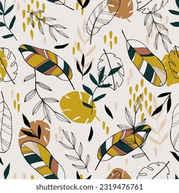 Patrón ininterrumpido dibujado a mano escandinava con hojas tropicales. Estilo Doodle. Ilustración vectorial. Elementos botánicos de corte. Ideal para los textiles, la decoración y los productos impresos.