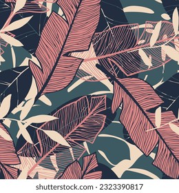Scandinavian hand drawn seamless pattern with tropic leaves. Doodle style. Vector illustration. Cute botanical elements. Great for textile, decor and printed products.