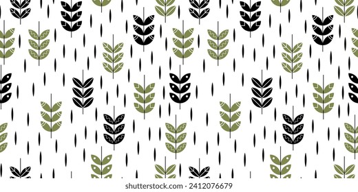 Patrón escandinavo sin fisuras con hojas y ramas. Estilo nórdico minimalista. Ilustración vectorial. Elementos botánicos de corte. Ideal para los textiles, la decoración y los productos impresos.
