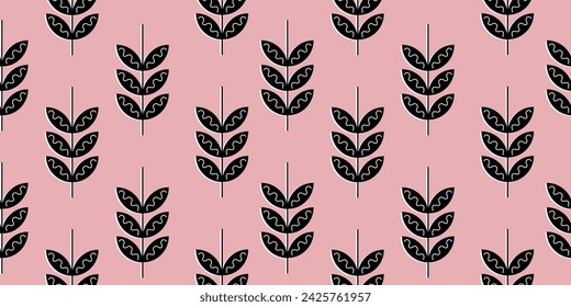 Scandinavian hand drawn seamless pattern with leaves and flowers. Minimalistic nordic style. Vector illustration. Cute botanical elements. Great for textile, decor and printed products.