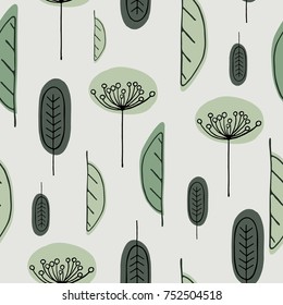 Scandinavian hand drawn seamless pattern with leaves and flowers. Minimalistic nordic style. Vector illustration. Cute botanical elements. Great for textile, decor and printed products.