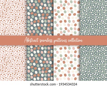 Scandinavian hand drawn seamless patterns set with circle shapes, polka dots collection, boho textures. Pastel colors. Vector illustration. 