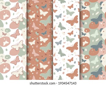 Skandinavische handgezeichnete Muster mit Kreisformen, Schmetterlingen, Boho-Texturen. Pastellfarben. Vektorgrafik. 