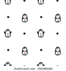 Scandinavian hand drawn vector Funny Penguin with a gift seamless pattern. Cute doodle modern isolated pop art elements nordic.