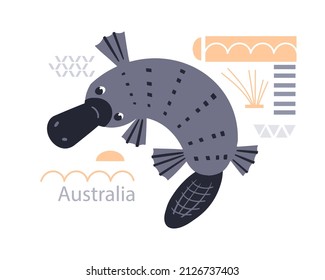 Scandinavian hand drawn vector illustration. Decorative platypus. Animals of Australia. Minimalistic geometric icon. Baby print for nursery.